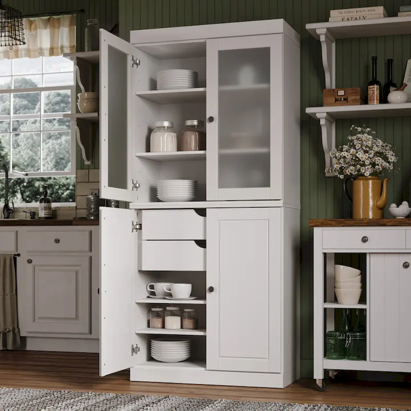 Solid Wood Kitchen Pantry Cabinet with Adjustable Shelves & Frosted Glass Doors