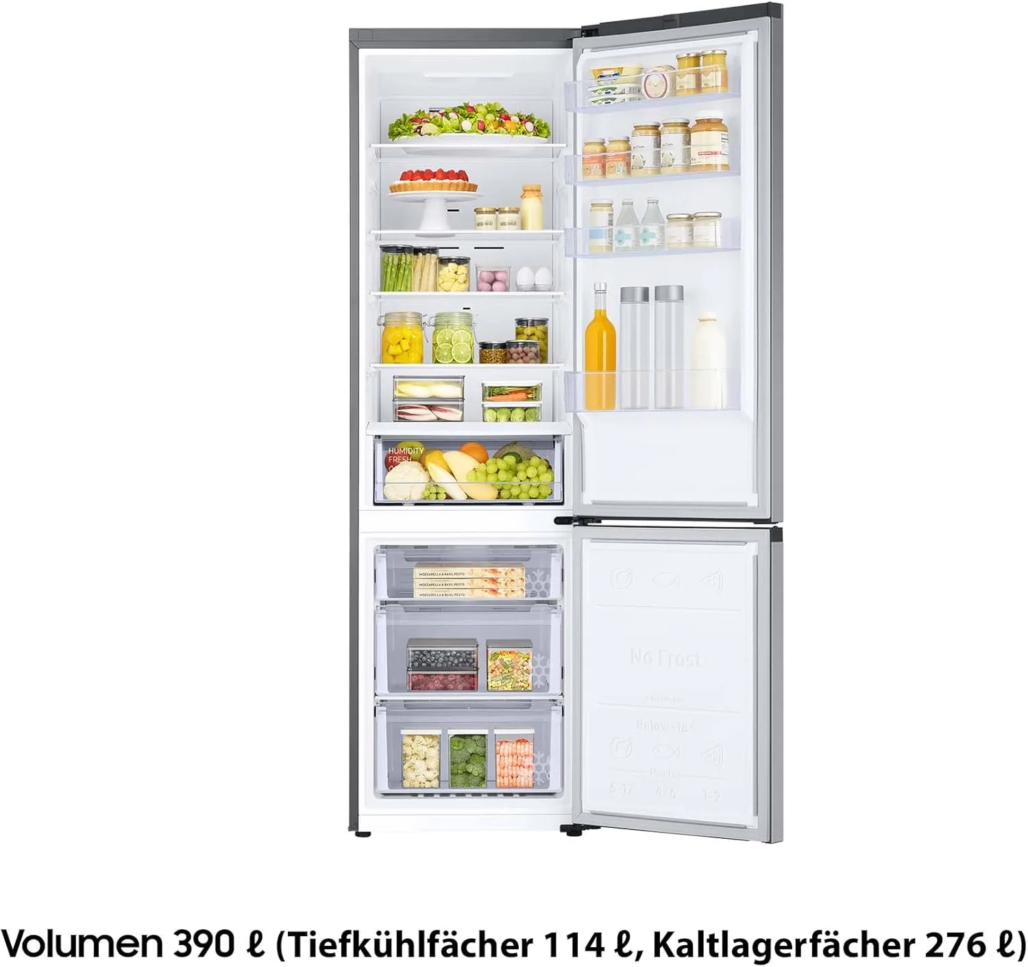 Koel-vriescombinatie, koelkast met vriesvak, 203 cm, 390 l totaal volume, 114 l vriesvak, AI Energy Mode, RVS-look, RL38C600CSA/begane grond