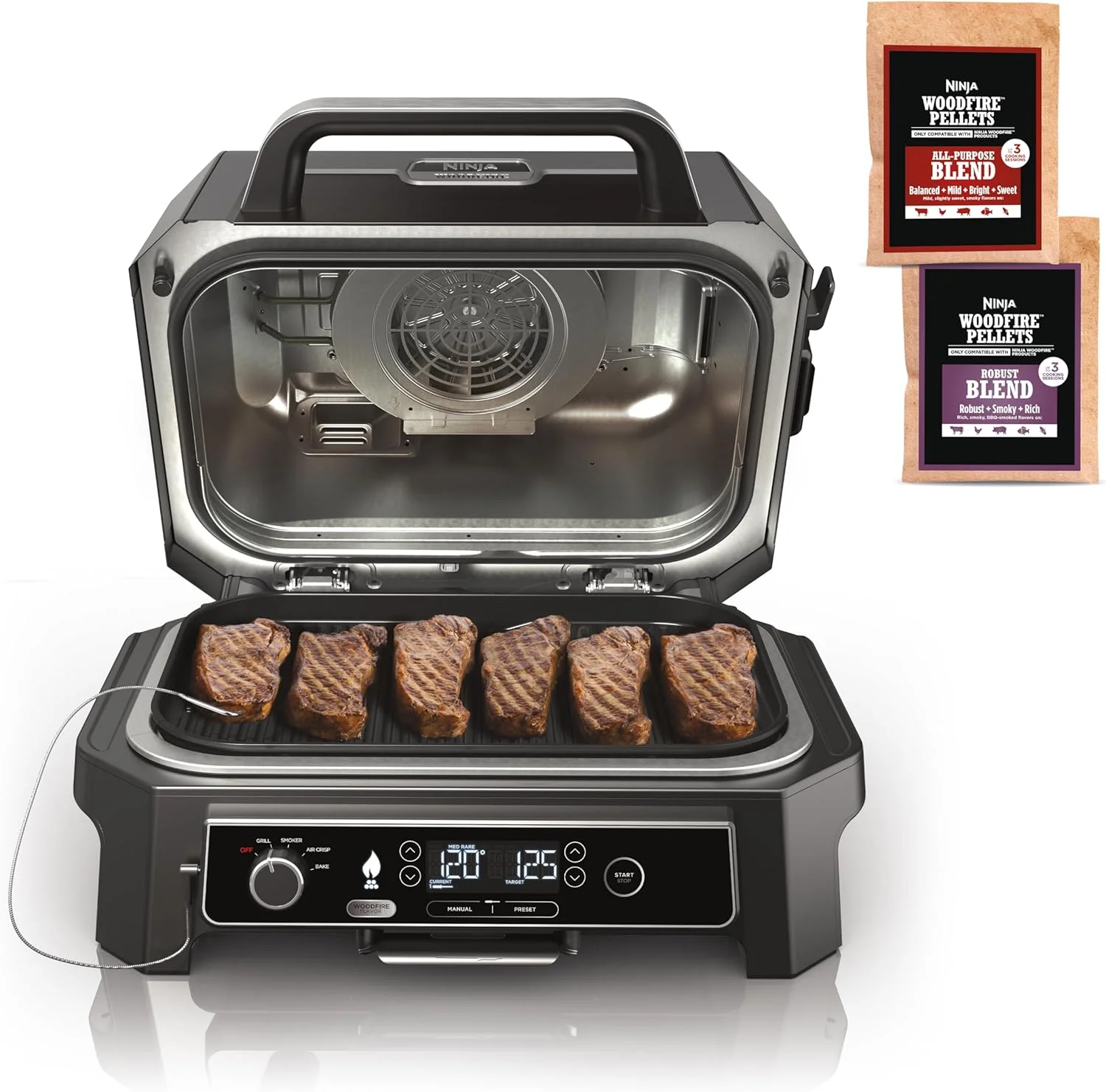 Ninja, Woodfire Pro XL Outdoor Grill & Smoker, Thermometer, 4-in-1 Master Grill, BBQ Smoker, Outdoor Air Fryer, Bake, Portable, Electric Grill, Dark Grey, OG850