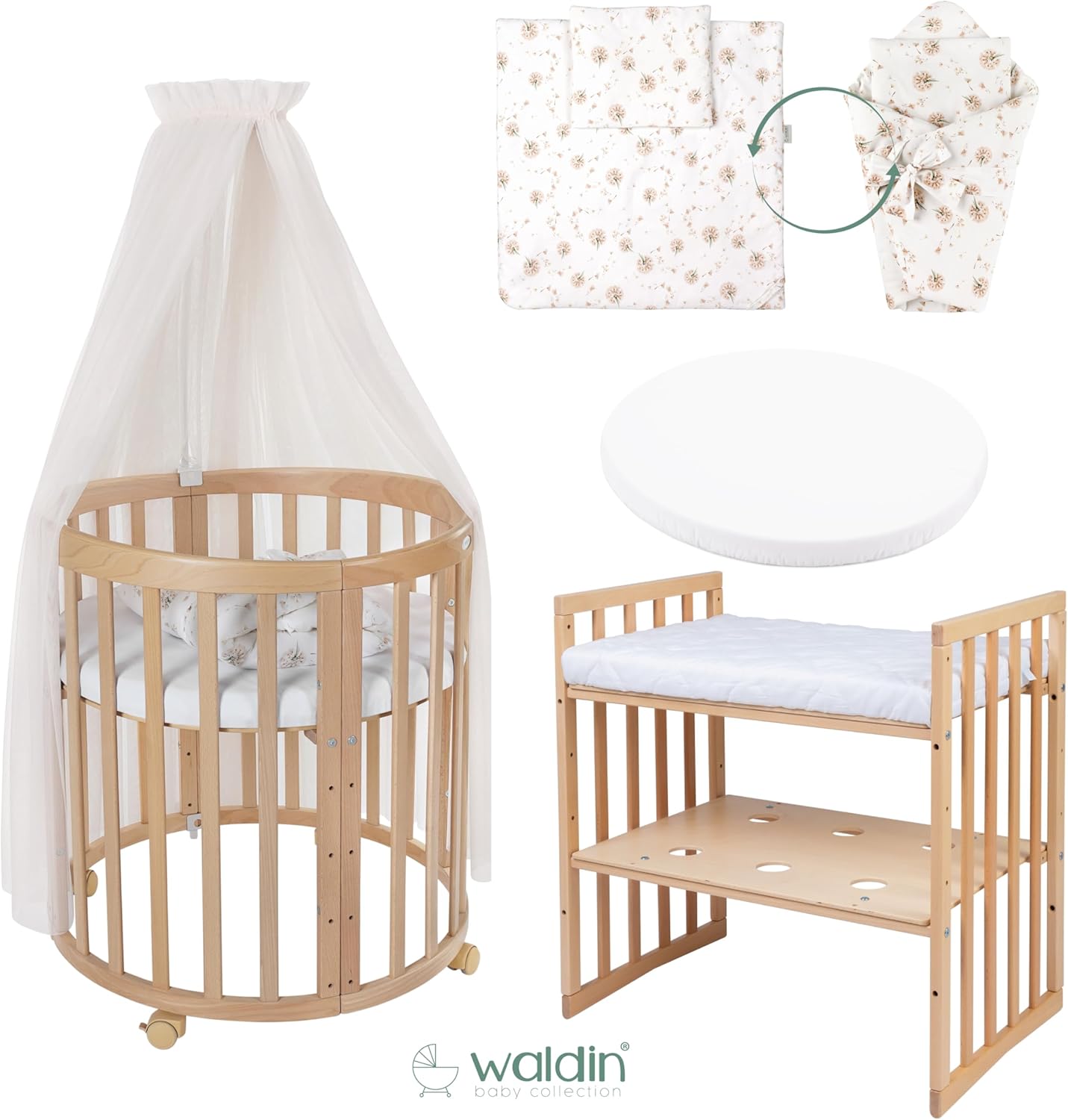 Waldin Oval Baby-Bett Mitwachsend Komplett Set 7in1, Gitterbett, Kinderbett mit Matratze, Wickelkommode, Beistellbett, Holz Weiß