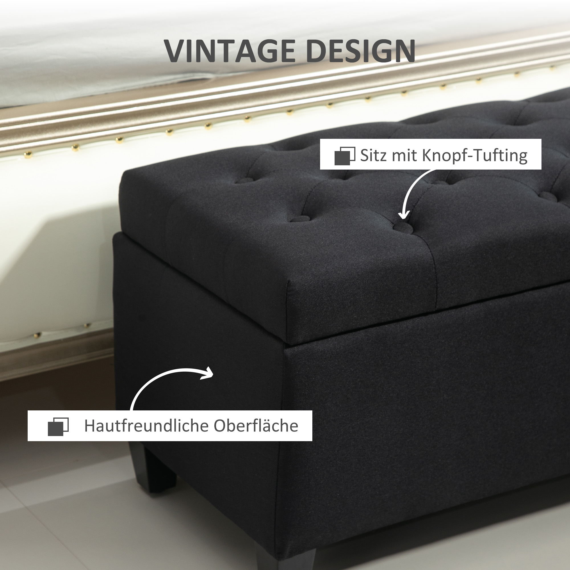 Zitbank met Opbergruimte, Halbank, Linnenachtig Polyester, Rubberhout, Zwart, 100 x 40 x 44 cm