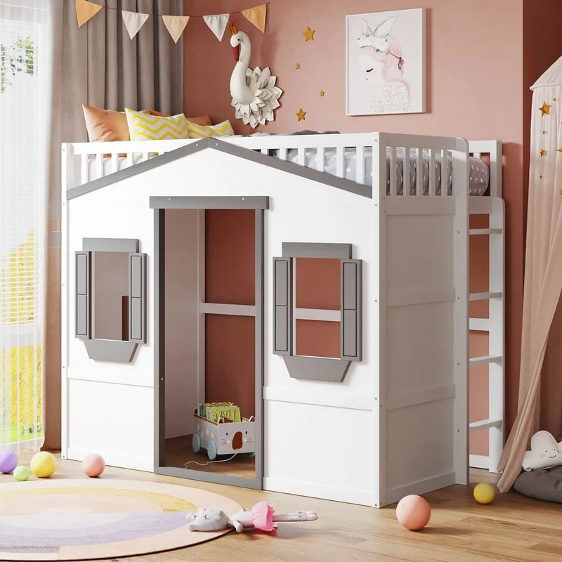 House Loft Bed Twin Kids Playhouse Bed, Solid Wood Loft Bed Frame with Window and Ladder