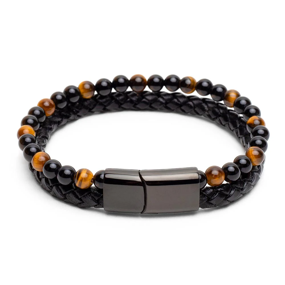 Armband Dubbel - Gevlochten Leer - Tijgeroog & Onyx - RVS Sluiting