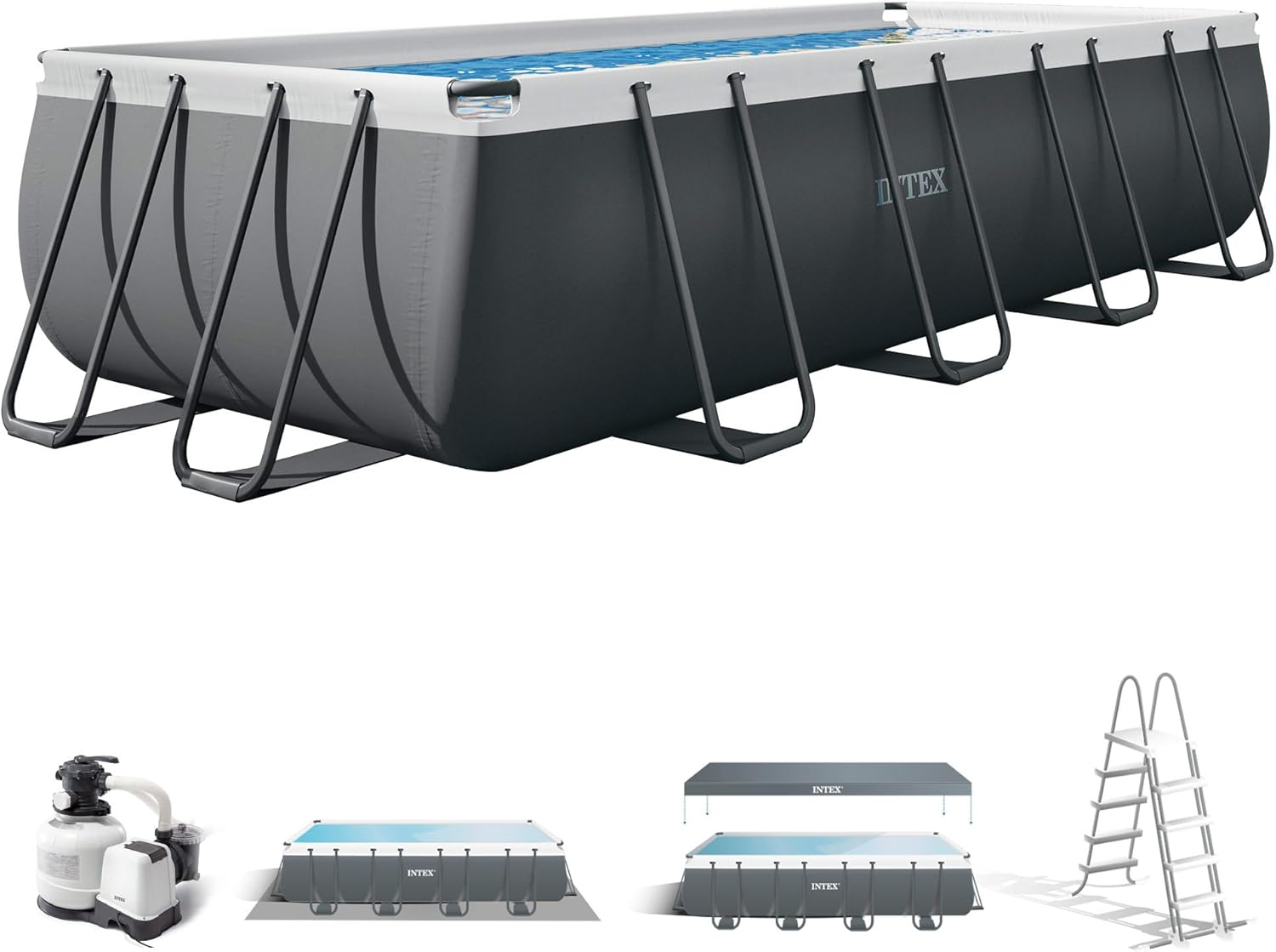 Intex 26356NP – Piscina Fuori Terra Ultra XTR Frame Rettangolare, Pompa Filtro 5700 L/h, Scaletta, Telo Base e Copertura, 17203 L, Acciaio e PVC, Grigio, 549x274x132 cm