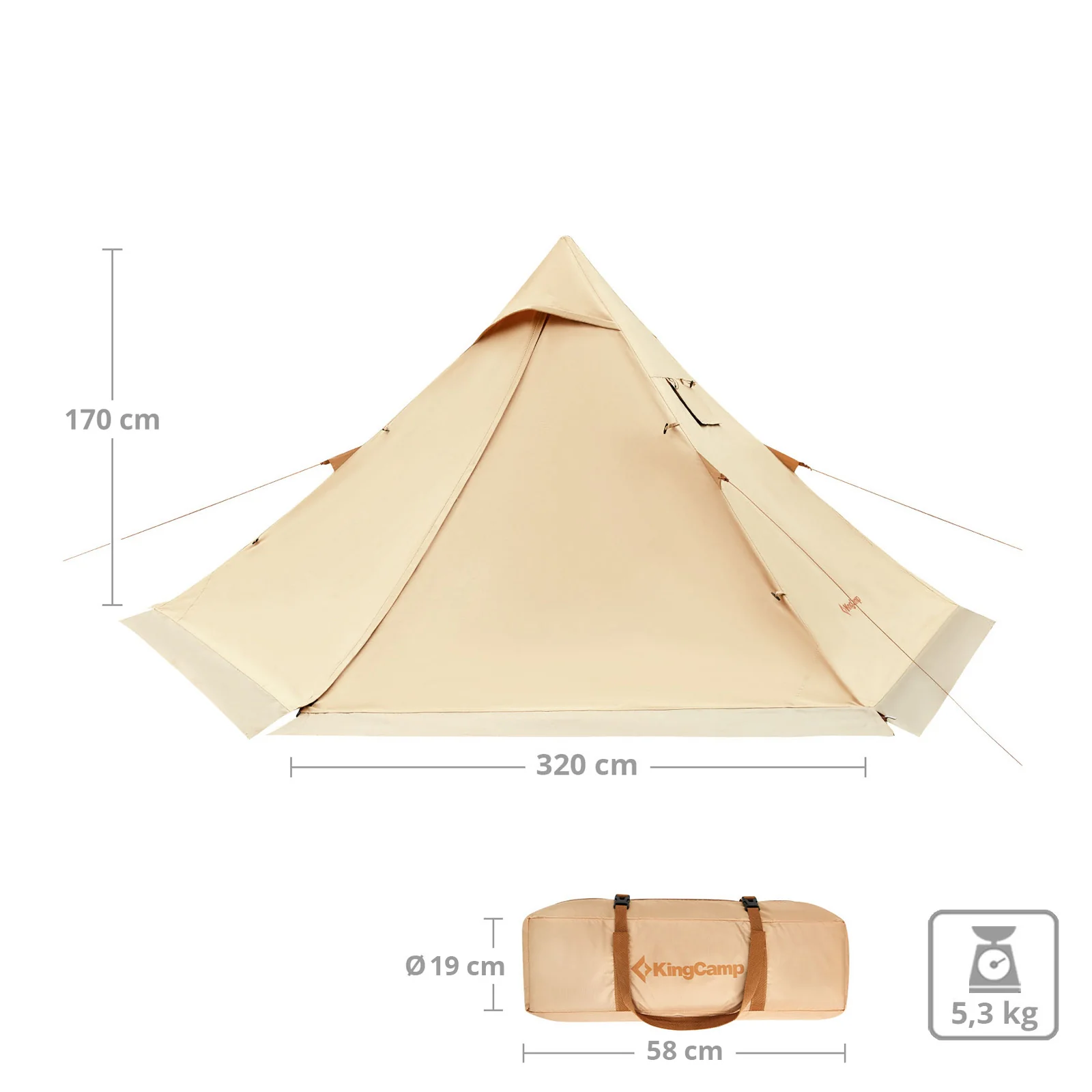 2025 KingCamp Torino – Tienda compacta para 1-2 personas con estructura de poste único, tela técnica de algodón, salida para chimenea y diseño resistente a la intemperie