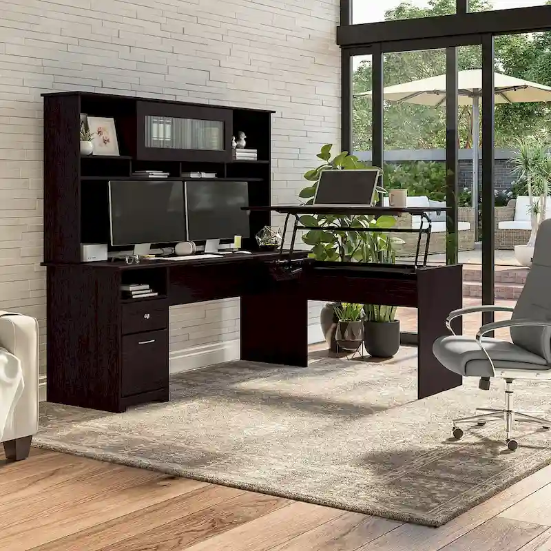 Bush Furniture 72W L-Shaped Sit-Stand Desk with Hutch - 3 Adjustable Positions