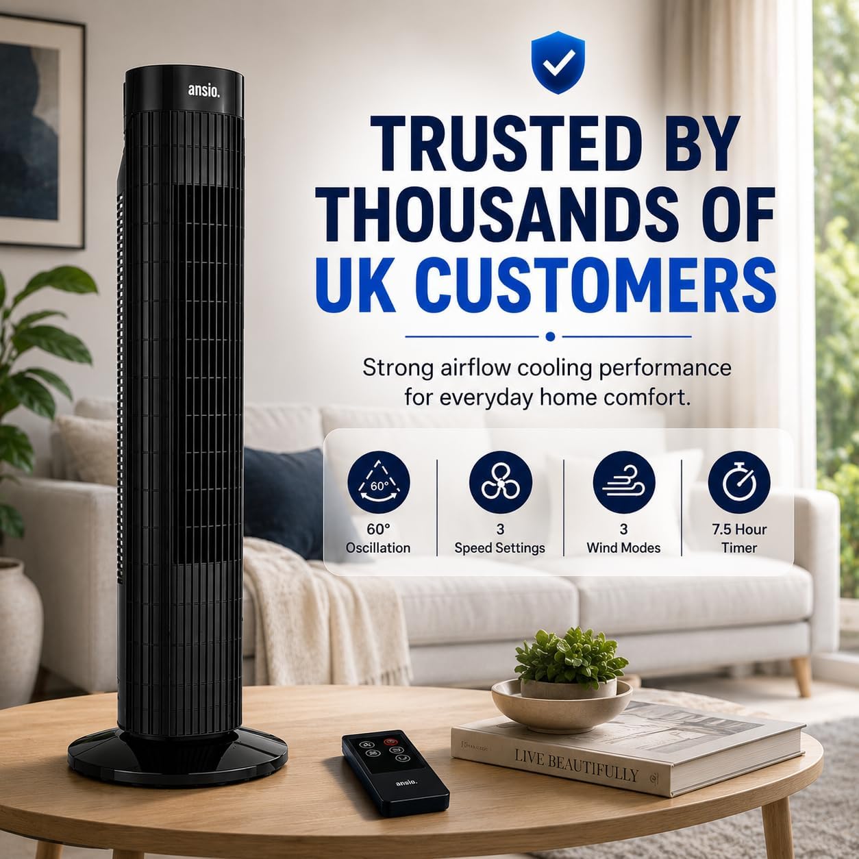 ANSIO 30-Inch Tower Fan with Remote – Bladeless, Oscillating, Standing Portable Electric Cooling Fan for Bedroom and Office, 7.5-Hour Timer, 3 Speeds – Black