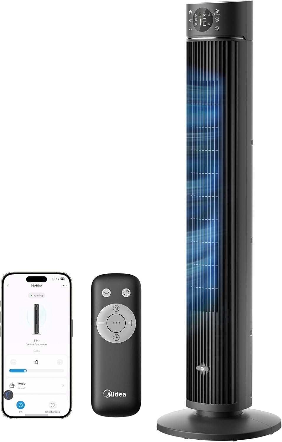 Midea 42-Inch DC Tower Fan with Remote, 12 Speeds, 3 Wind Modes, 90° Oscillation, 24H Timer, Digital Control, Quiet High-Efficiency Copper Moto