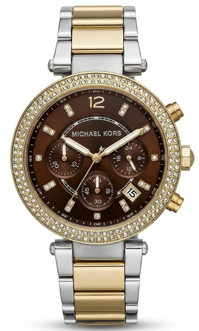 Michael Kors Parker Chronograph Brown Dial Two Tone Steel Strap Women's Watch MK6118 (DEFECT)