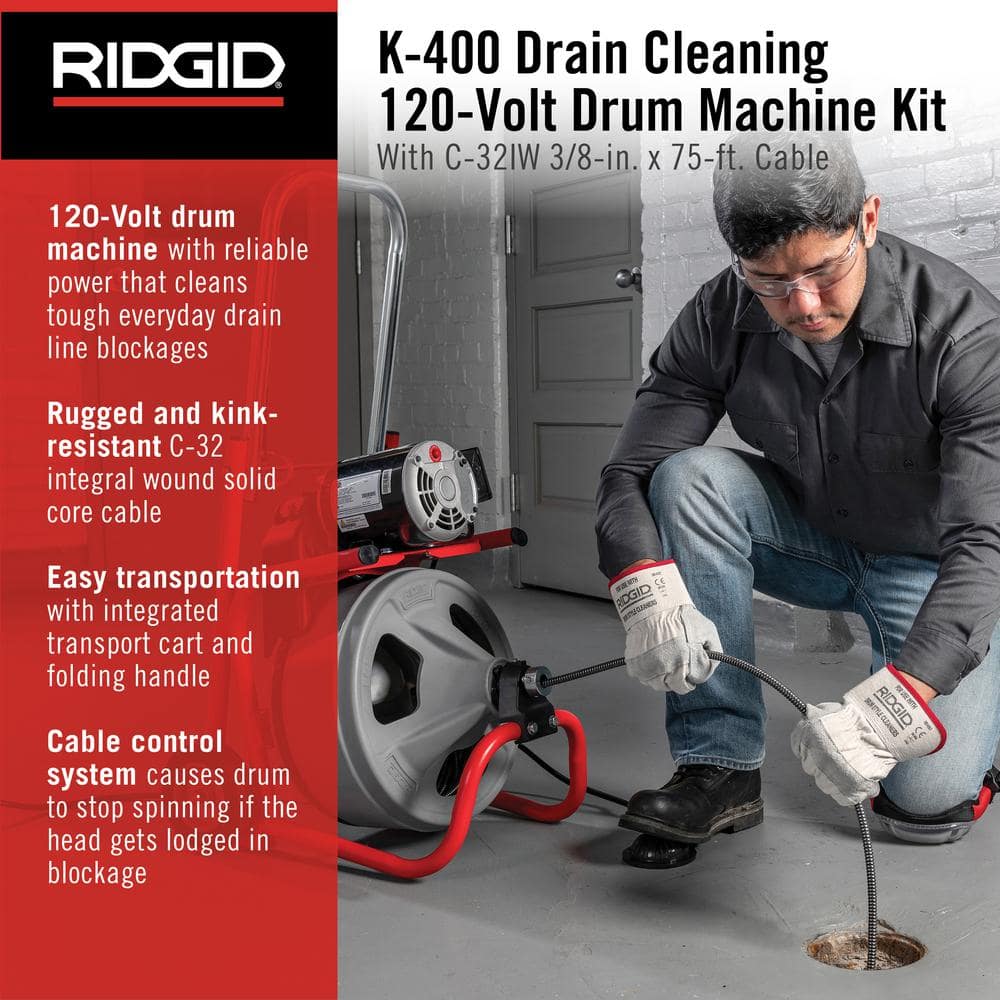 K-400 Máquina Desatascadora de Drenajes con Tambor de 120 Voltios con Cable C-32IW de 3/8 pulg. x 75 pies + Juego de Herramientas de 4 Piezas y Guantes 52363