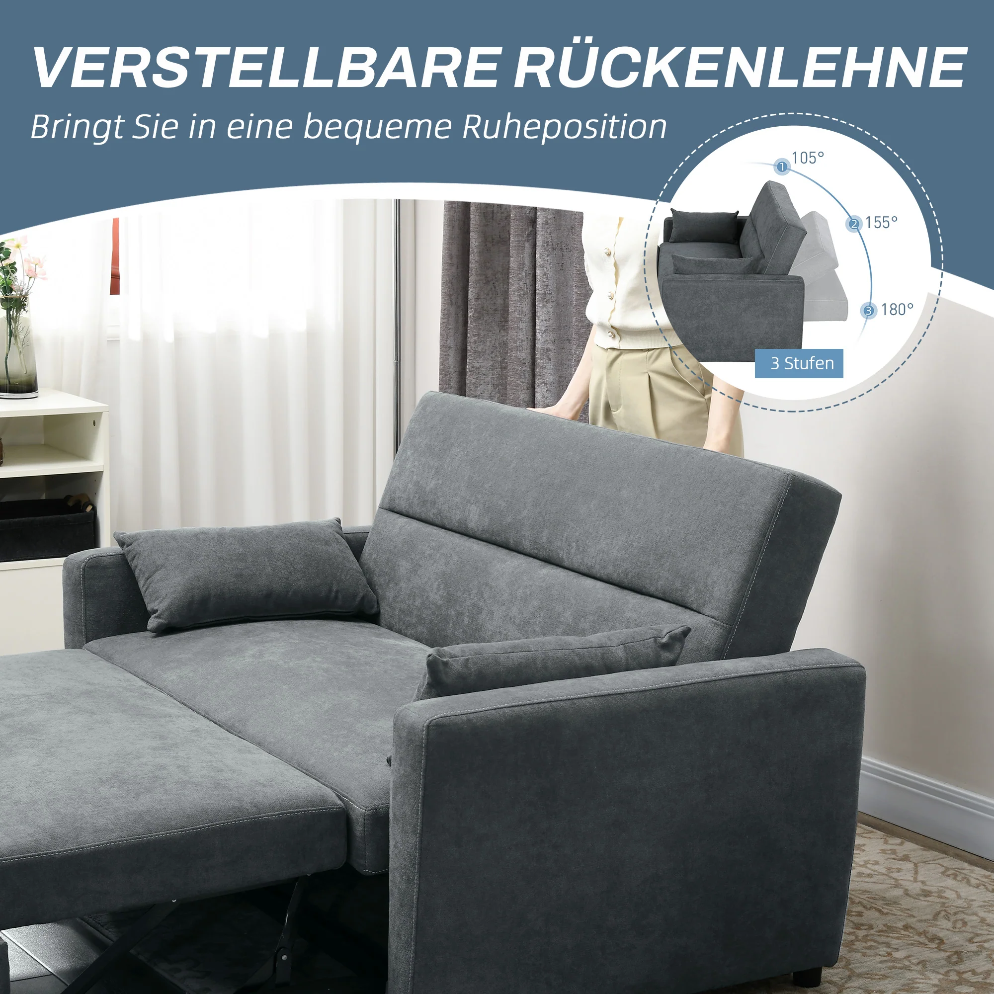 HOMCOM Uitklapbare slaapbank, 2-zits, tot 200 kg, Houten frame, 155x90x88,5cm, Donkergrijs