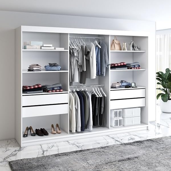 A&J MöbelLand Mero Schwebetürenschrank 200 cm, Kleiderschrank 3-türig mit 4 Schubladen (Sonoma/Sonoma/Sonoma/Sonoma)