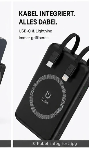 Powerbank 22,5W Schnellladeger?t mit integriertem USB-C & Lightning Kabel �C Hochwertige Powerbank mit Fast Charging & Typ-C Input