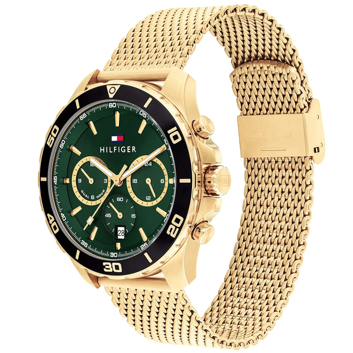 Tommy Hilfiger Chronograph Dark Green Dial Gold Mesh Strap Men's Watch - 1792093