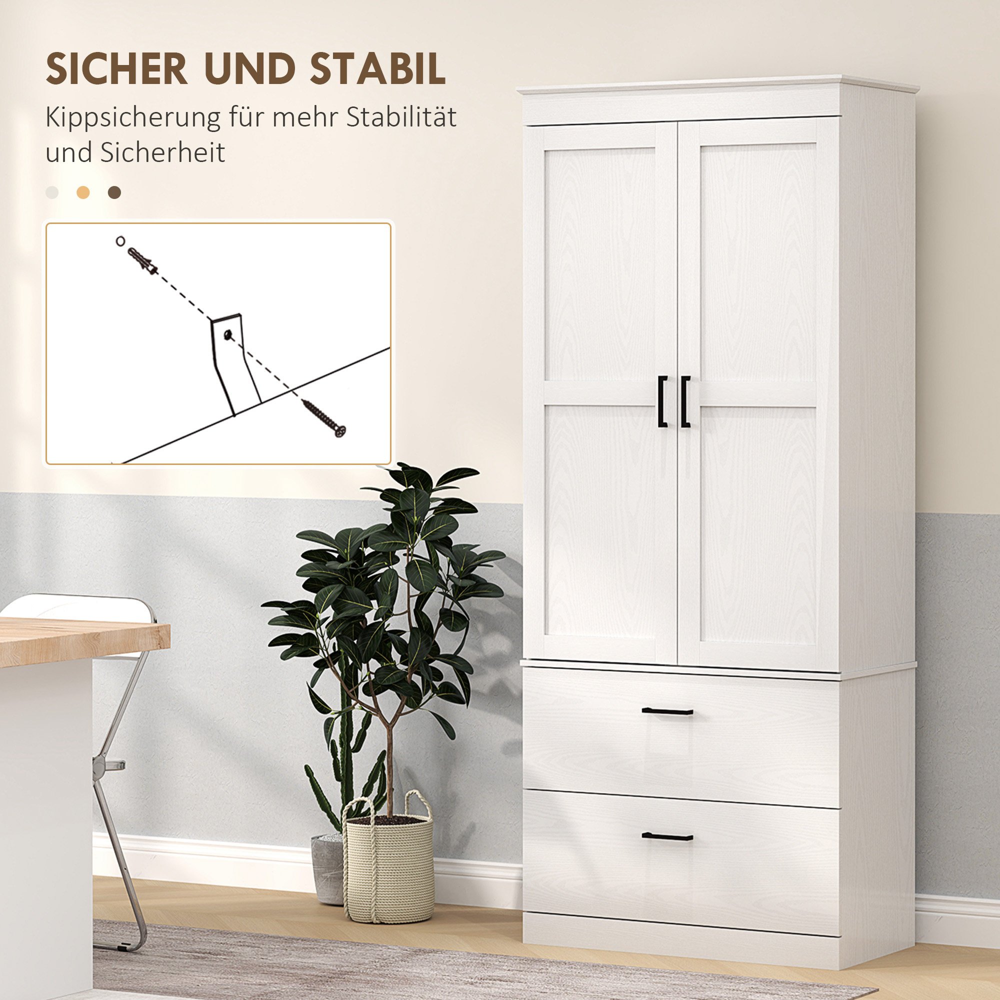 Vrijstaande Keukenkast met Verstelbare Schappen en Twee Brede Laden voor Woonkamer, Keuken, Wit