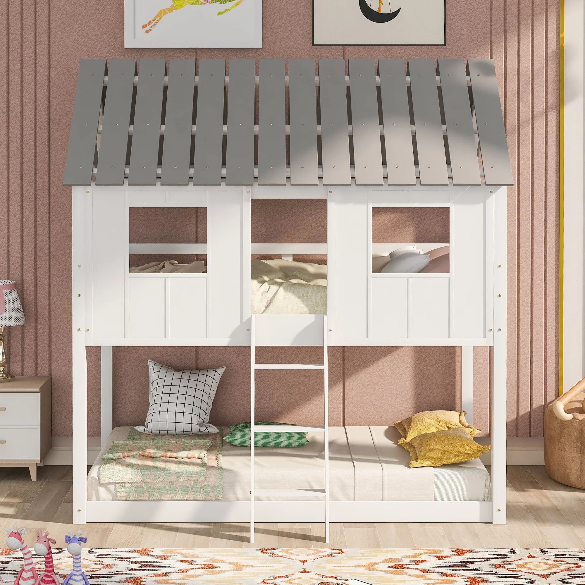 Euroco Twin Over Twin Low Bunk Bed with Roof and Guardrail for Kids Room, White