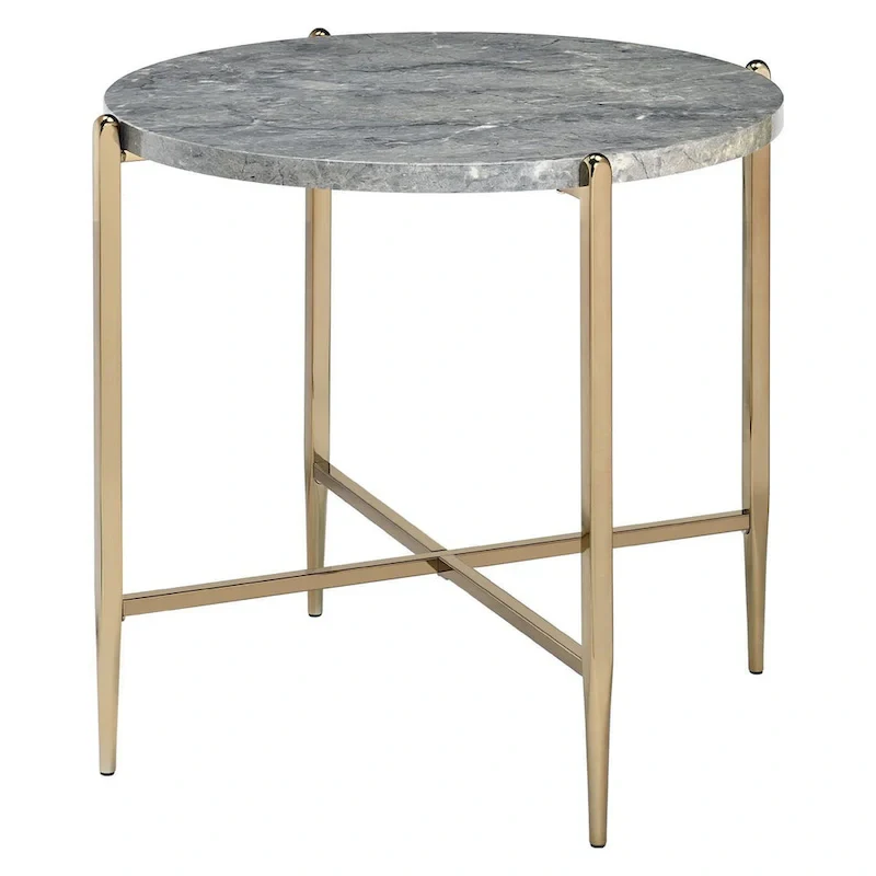 Gray and Gold End Table with Oval Marble Top and X-Shaped Base