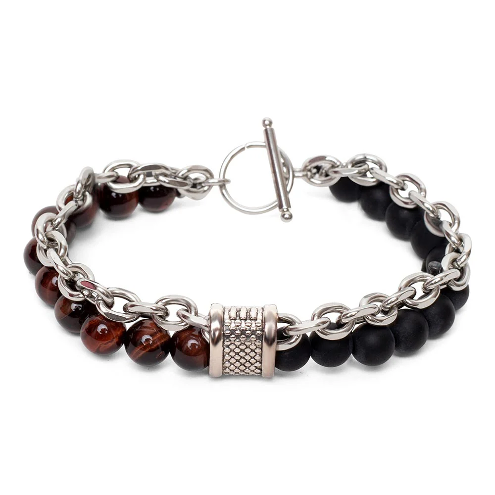 Balans Armband - Rode Tijgeroog & Onyx - RVS Schakelarmband