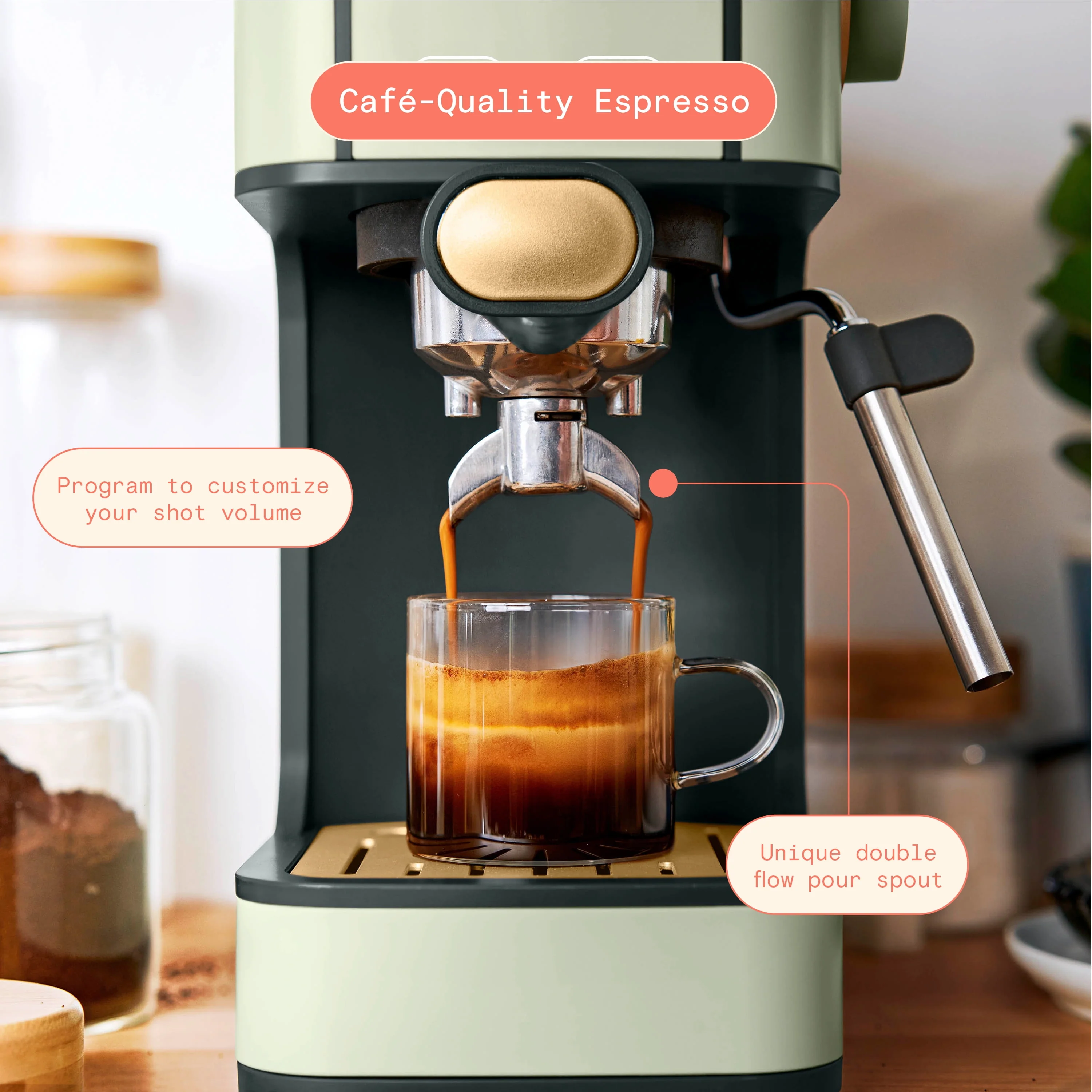 Beautiful Slim Espresso Maker with 20-Bar Pressure, Sage Green by Drew Barrymore