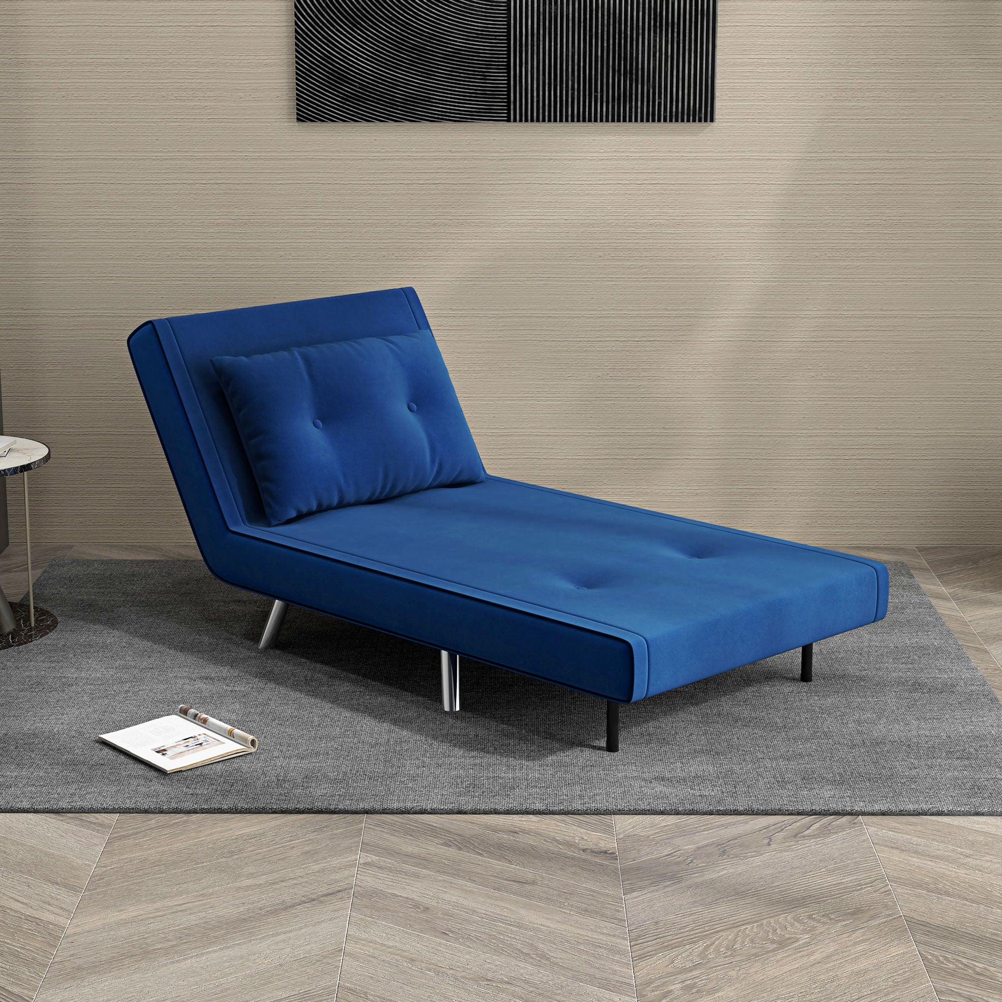 HOMCOM Ligstoel Stoel met Ligfunctie Slaapstoel, Knoopstiksels, Fluweellook, 77 cm x 88 cm x 83 cm, Blauw