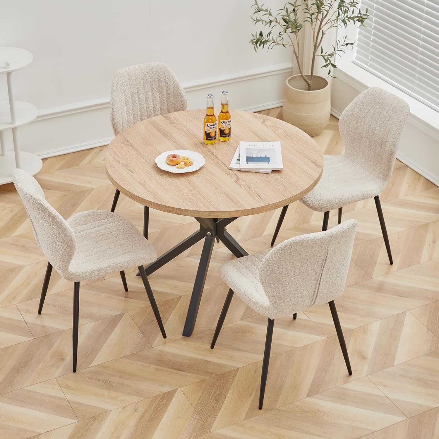 Juego de Mesa y Sillas de Comedor, Mesa de Comedor Redonda de 100cm y 4 Sillas de Cocina de Estilo Nórdico, para Cocina, Sala, Comedor, Oficina (Natural+ST-Beige)