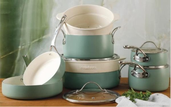 12 Piece Aluminum Pots and Pans Cookware Set w/Non-toxic Ceramic Non-stick, Ceramic Steamer Insert, 12 Protective Care Bags Sage Green