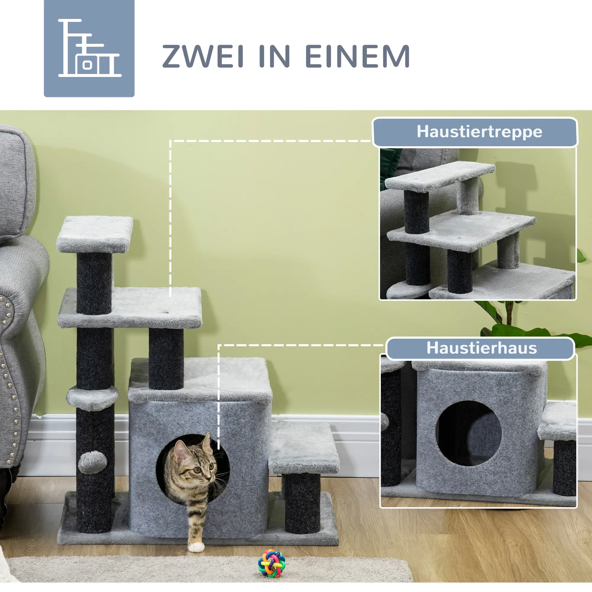 PawHut Katzentreppe höhenverstellbar mit Kratzbaum und Häuschen