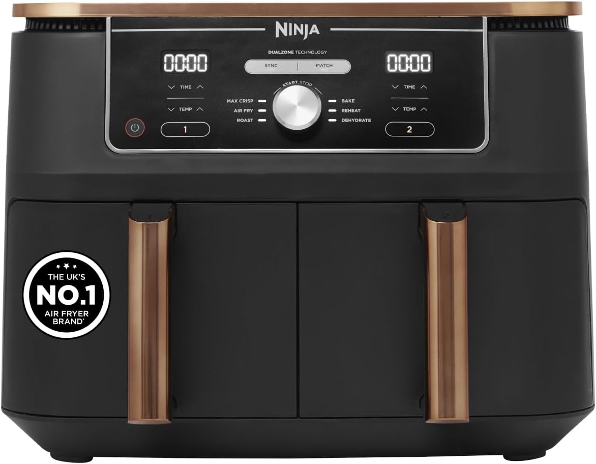 Ninja Foodi MAX Dual Zone Digital Air Fryer, 2 Drawers, 9.5L, 6-in-1, Uses No Oil, Max Crisp, Roast, Bake, Reheat, Dehydrate, Cook 8 Portions, Non-Stick Dishwasher Safe Baskets, Black AF400UK