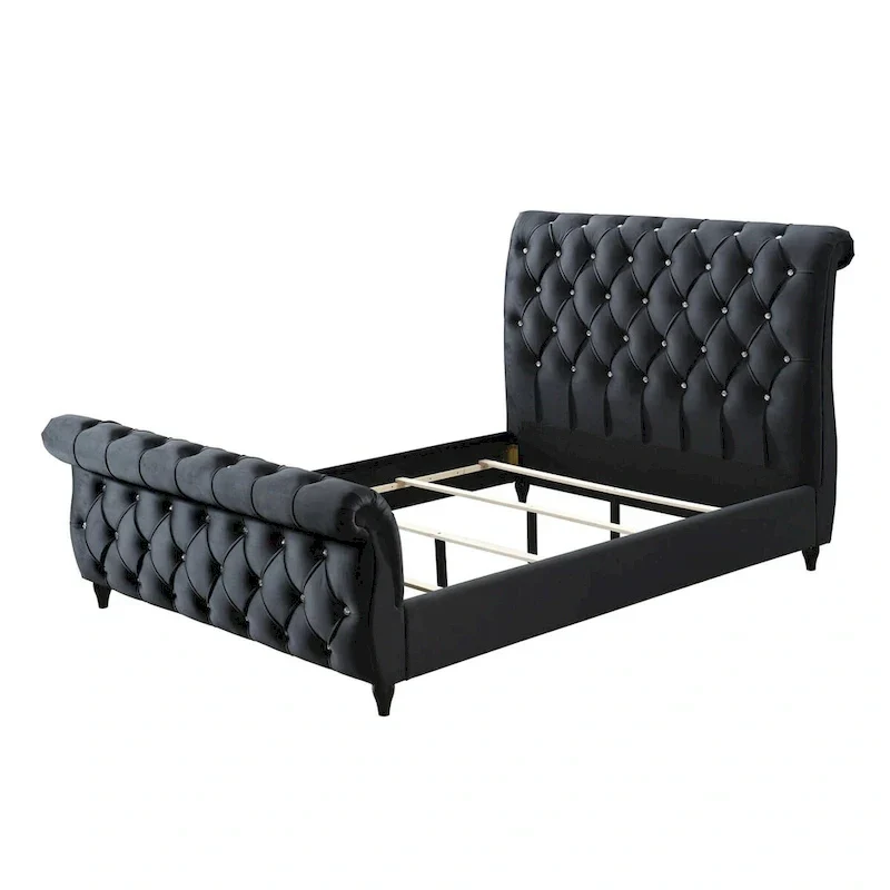 Ellowen Queen Bed with Diamond Tufted Black Upholstery and Panel Headboard