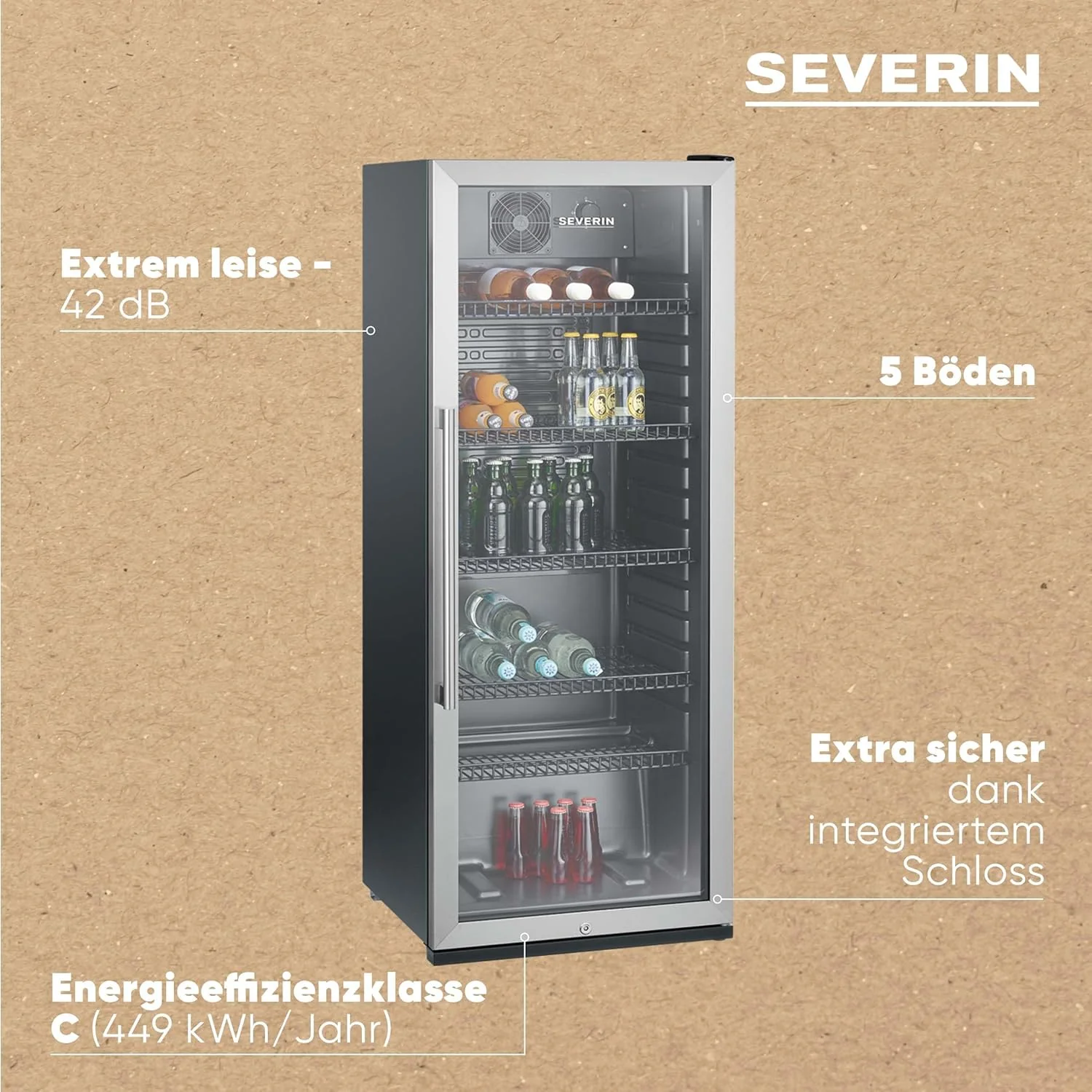 SEVERIN Flaschenkühlschrank, mit integriertem Schloss und integrierter LED-Beleuchtung, 118 L Nutzinhalt, schwarz/silber, FSK 8840