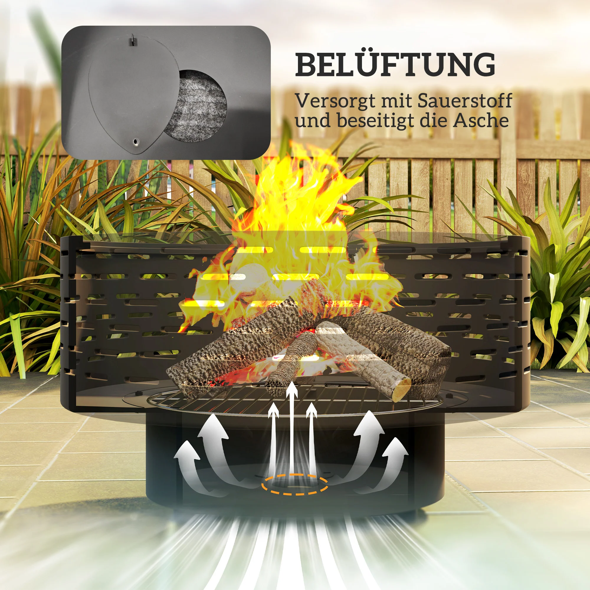 Outsunny 3-in-1 Vuurschaal Ø60 x 39cm van Roestvrij Staal met Grillrooster, Vonkenbescherming en Vuurhaak Steenkoolgrijs