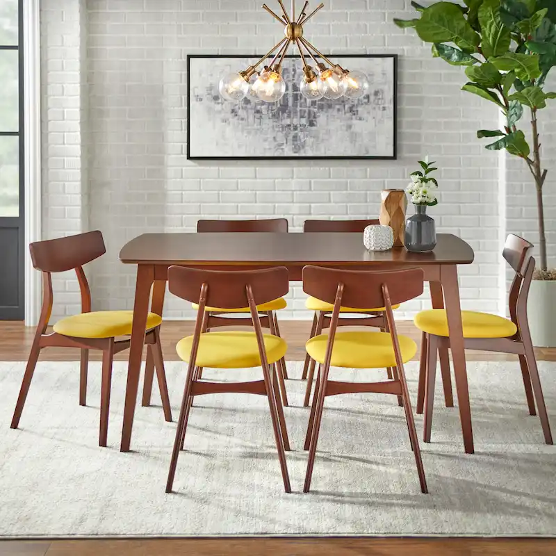 Mid Century Dining Table Set with 6 Upholstered Chairs and Wooden Frame