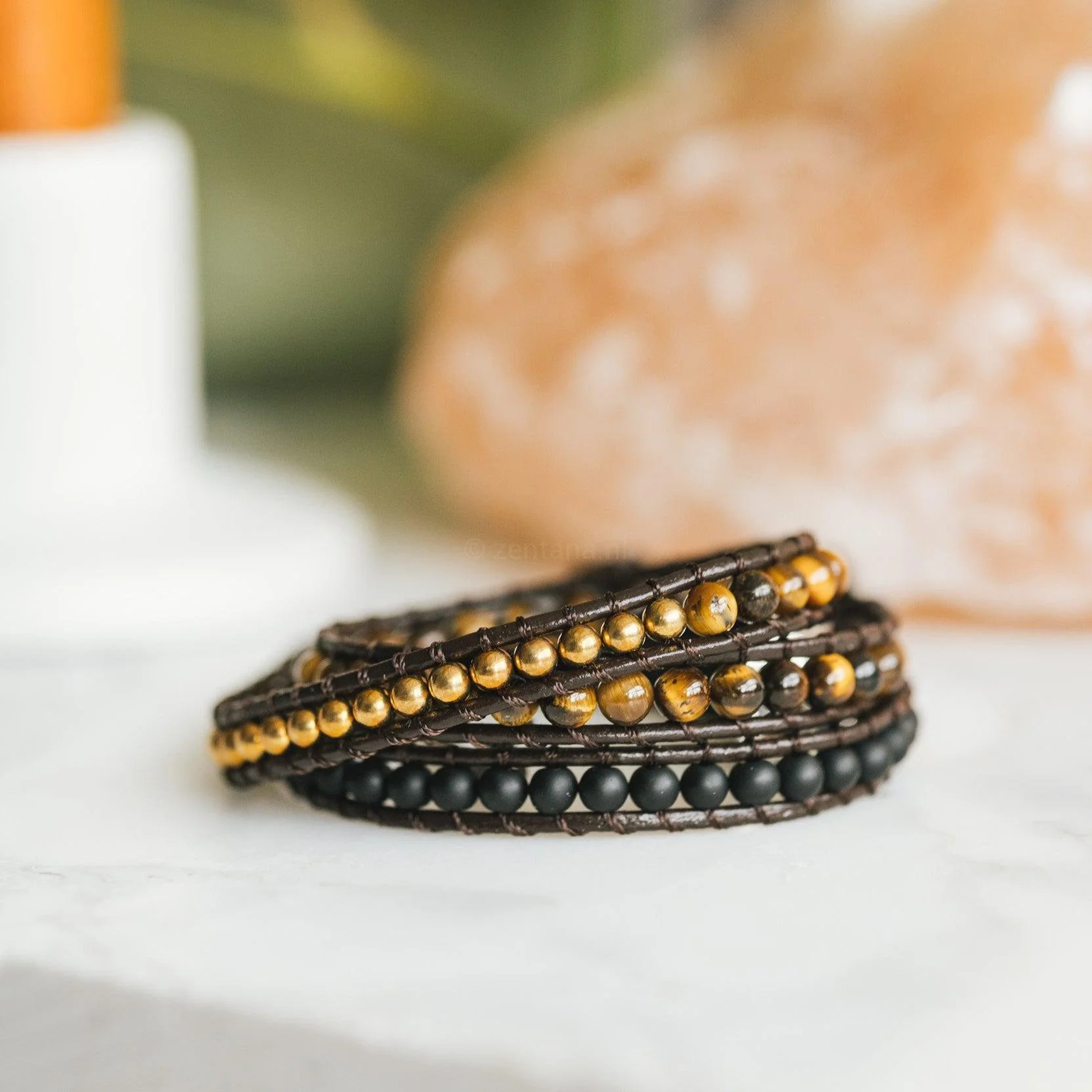 Wikkelarmband Balans - Tijgeroog & Frosted Agaat - Positiviteit