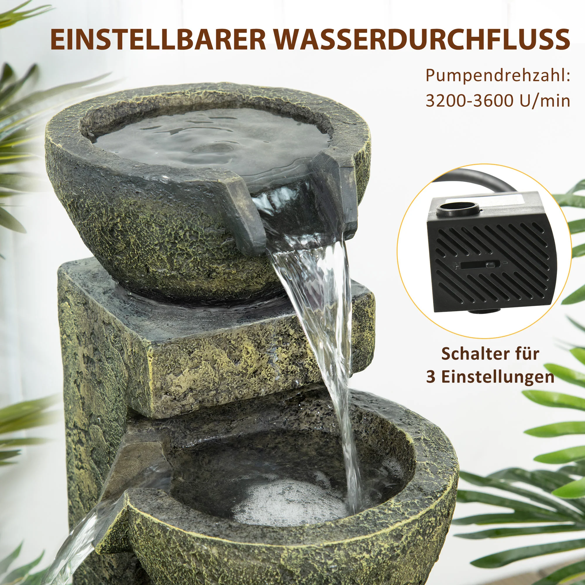 Outsunny Tuin fontein 25x24x60 cm, verstelbare stroom, 60 cm hoog, zwart