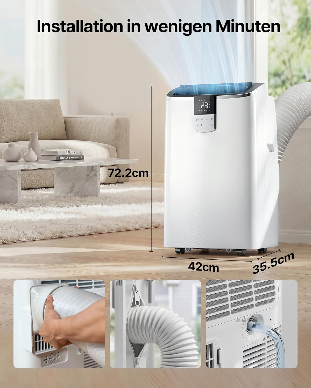 Mobile Klimaanlage 12000BTU mit Abluftschlauch | 4-in-1 Mobiles Klimagerät mit Fensterabdichtung | APP-Steuerung + Fernbedienung | Leiser Betrieb | 24h-Timer