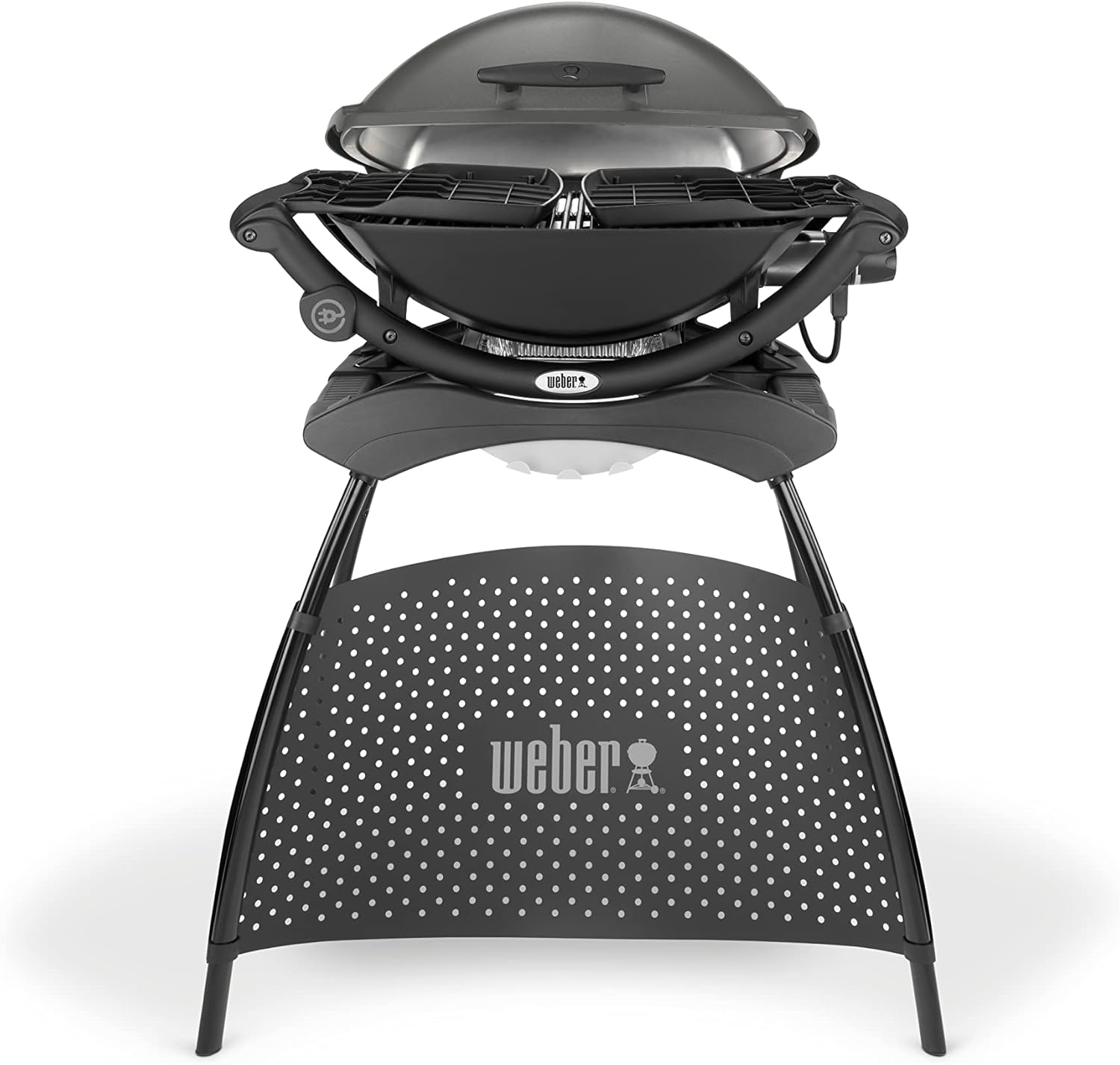 Weber Q2400 Elekrogrill mit Stand + Seitentischen, 54 x 39cm Grillfäche, portable, 2-geteilter porzellanemaillierter Guss-Grillrost, Aluminiumguss Deckel & Gehäuse - Dark Grey (55020879)