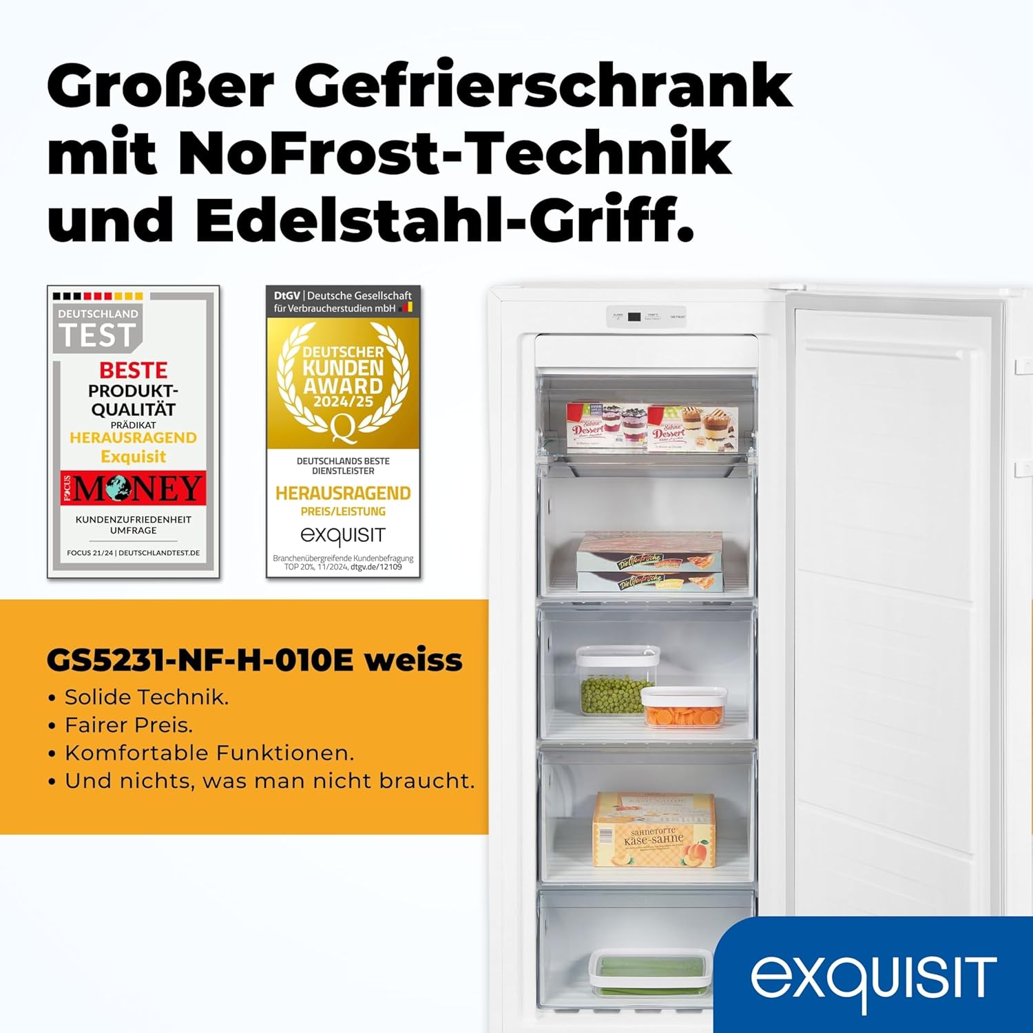 Exquisit Gefrierschrank NoFrost, Tiefkühlschrank groß, 161 Liter, Schnellgefrieren, Alarm-Funktion, GS5231-NF-H-040C weiss