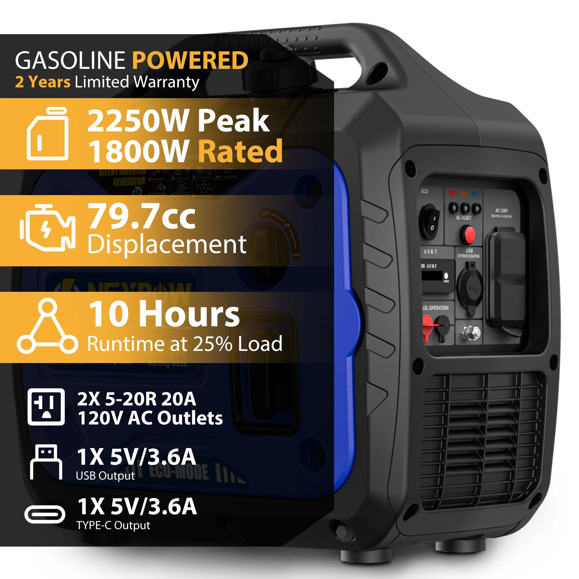 NEXPOW 2250W Portable Inverter Generator, Gasoline Power Quiet Lightweight for Backup Home & Camping, Eco-Mode Feature, Parallel Capability, EPA Compliant