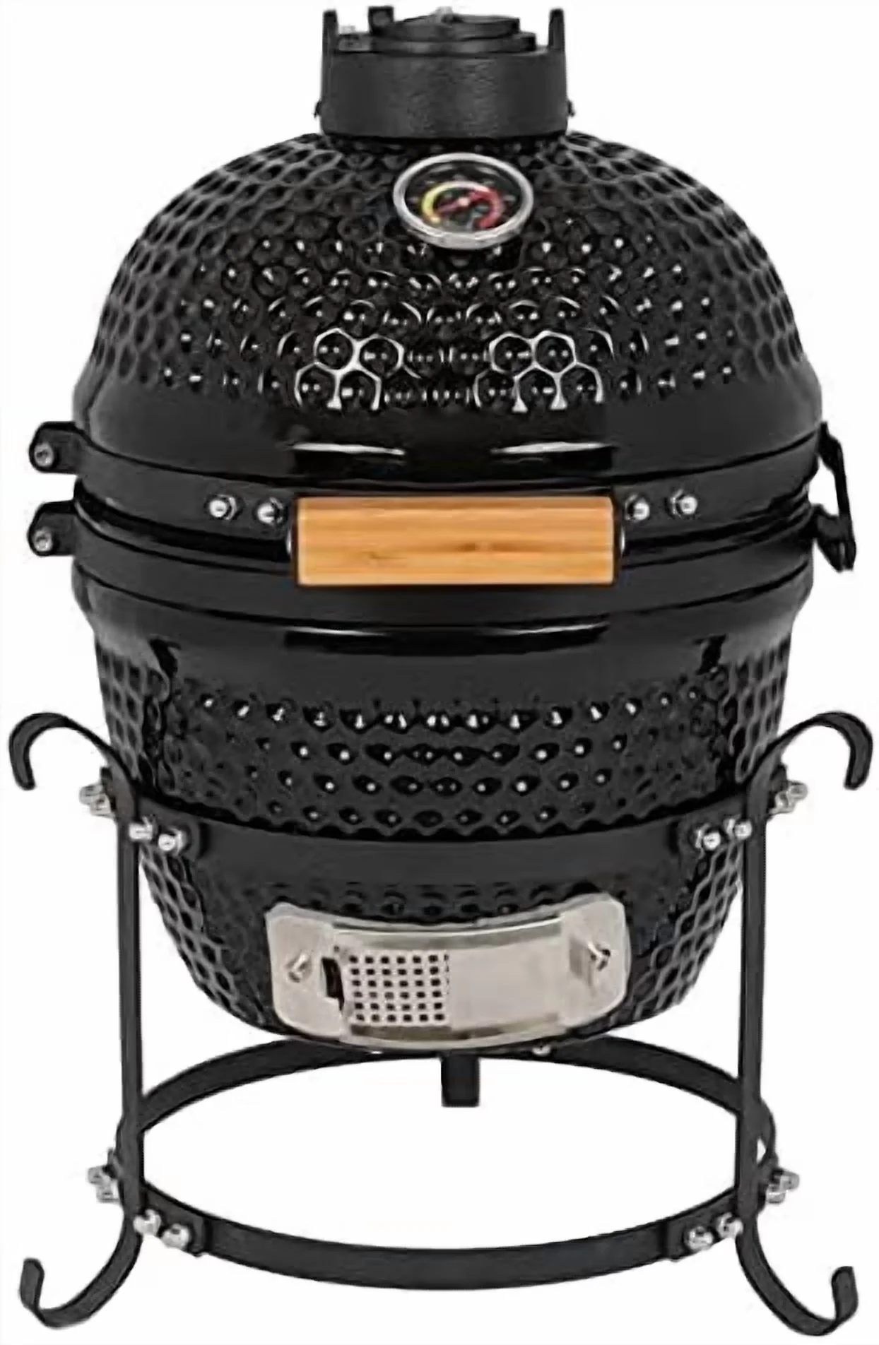 13in Round Ceramic Charcoal Grill, Ceramic Grill, 13" Round Kamado Charcoal Grill, Portable Barbecue Grill with Thermometer for Variations on Cooking Methods,Black