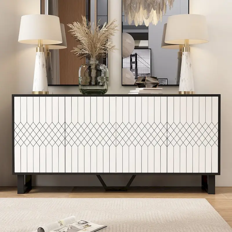 Contemporary 63-Inch Black and White Bookmatched Buffet with 4 Doors - Stylish Sideboard Table