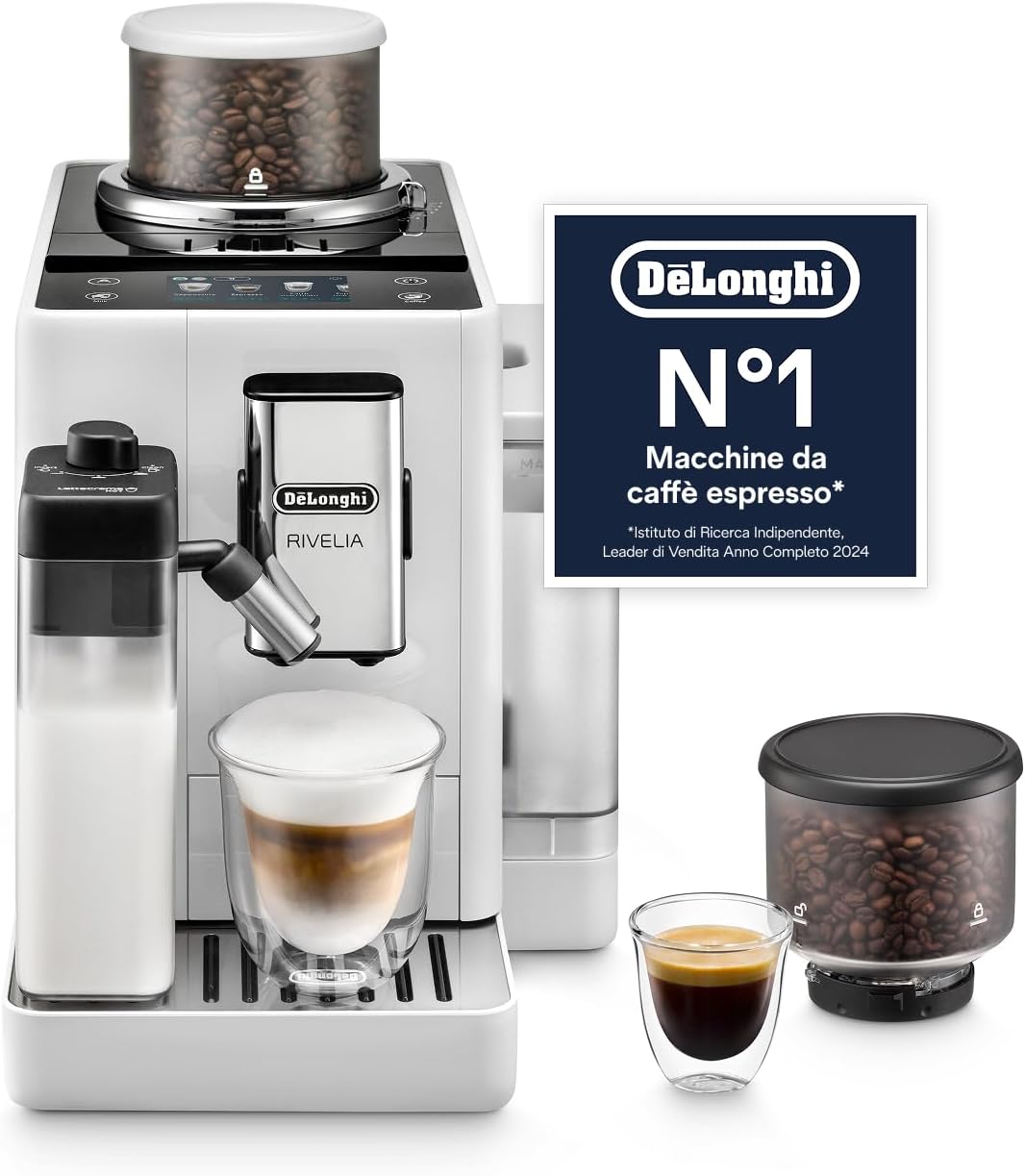 De’Longhi Rivelia – Perfetto Macchina da Caffè Automatica, LatteCrema Montalatte Automatico, 16 Bevande in un Solo Tocco, Display Touch a Colori, Contenitori Intercambiabili, Bianco (EXAM440.55.W)