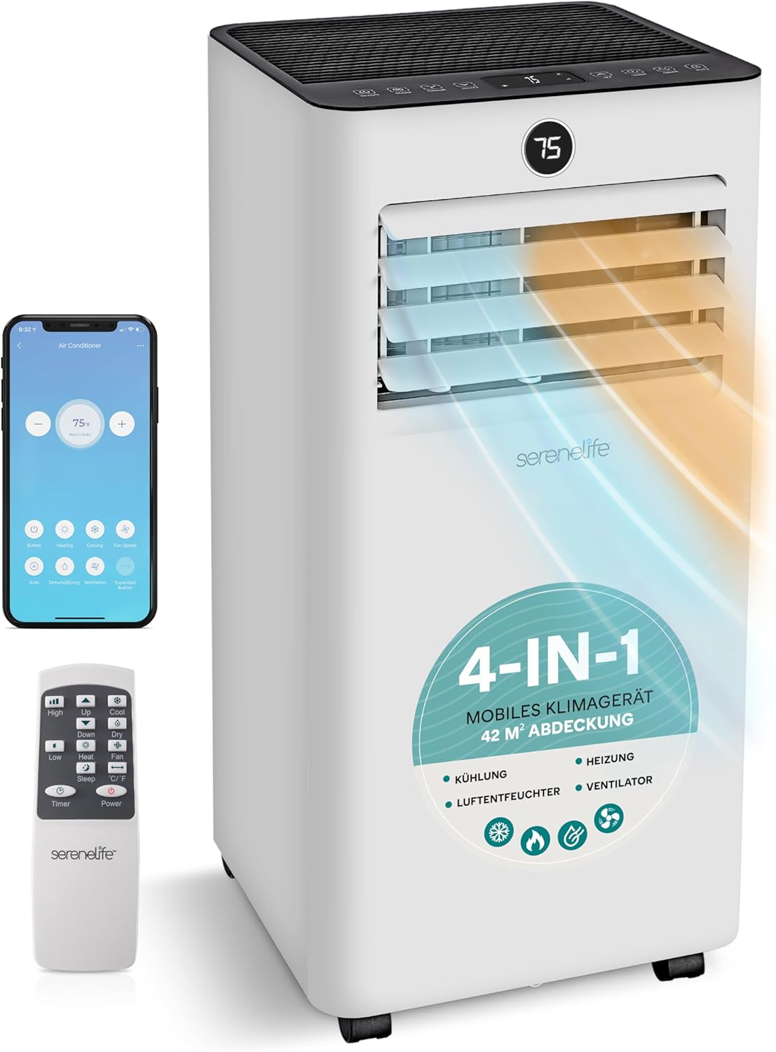 SereneLife Klimaanlage 7000BTU 2.05kW- 4-in-1 Mobiles Klimagerät mit WLAN, Heizen, Entfeuchten, Ventilator für Räume bis 28 m², inkl. Abluftschlauch und Fensterkit, 24h- Timer, 54db