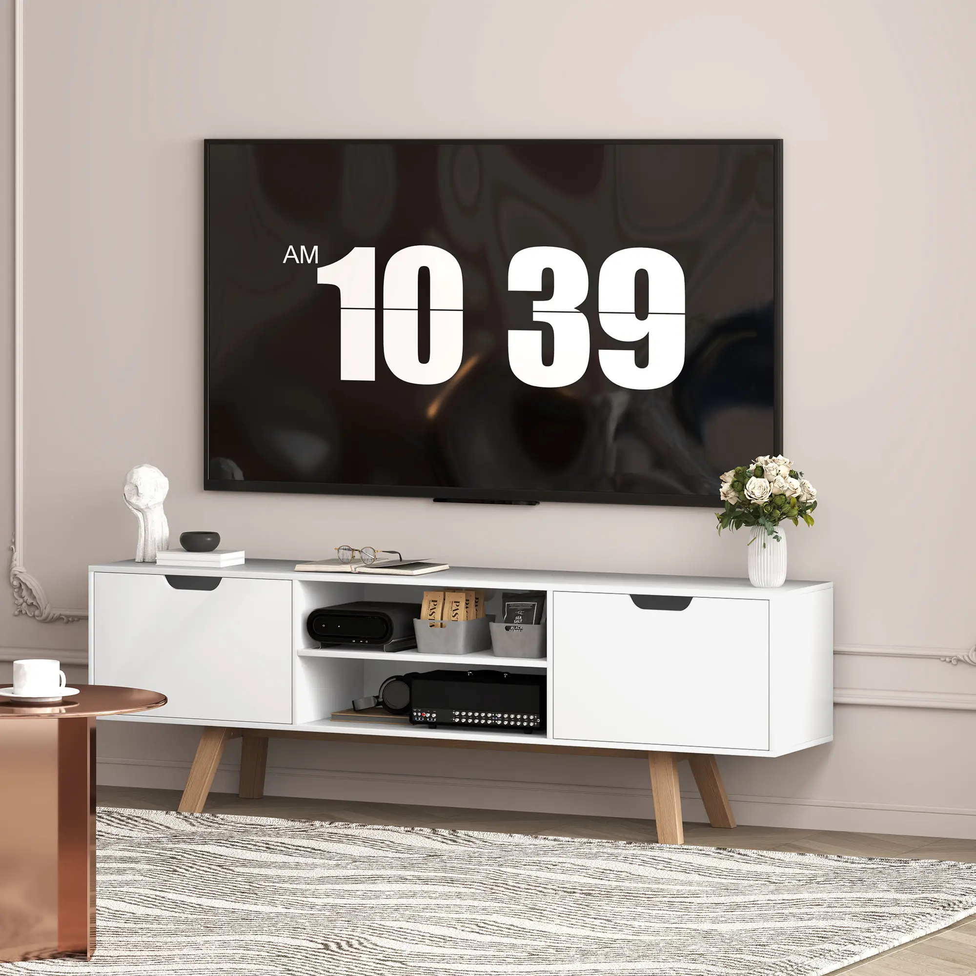 HOMCOM TV Lowboard 65 Zoll mit Kabelführung und 2 Schränken Weiß