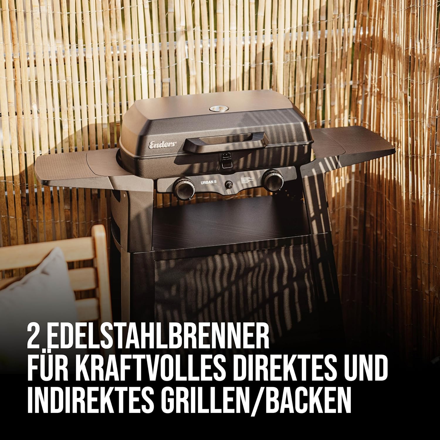 EndersGasgrill Urban II Pro, Tischgrill, Grillen-, Kochen- und Backen Funktion, 2 Brenner Edelstahl, mit Grill-Thermometer, Balkon-, Camping-Grill, Aluguss-Gehäuse, Gusseisen-Rost, #2062