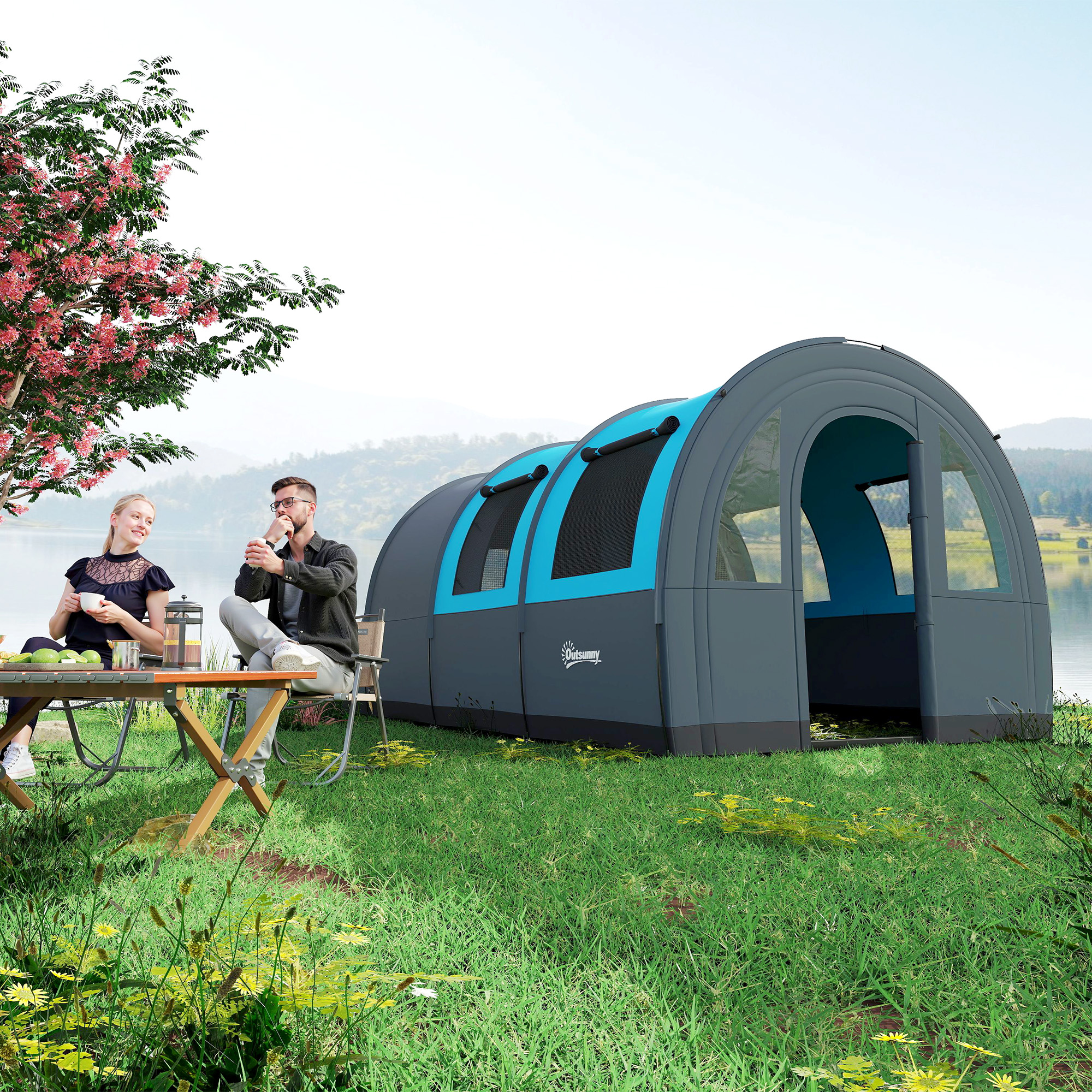 Outsunny Campingtent voor maximaal 6 Pers., Familiecampingtent, Aparte Ruimtes, Waterdicht, Grijs/Blauw