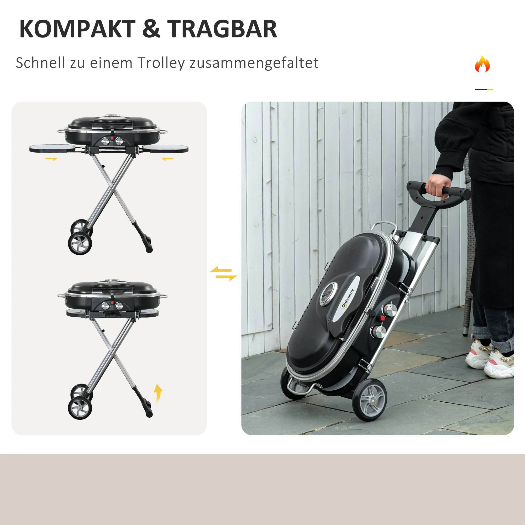 Outsunny Grillkar, inklapbaar, opbergrek, vetopvangbak, roestvrij, aluminium, 100 x 41,6 x 82,5 cm, zwart/zilver