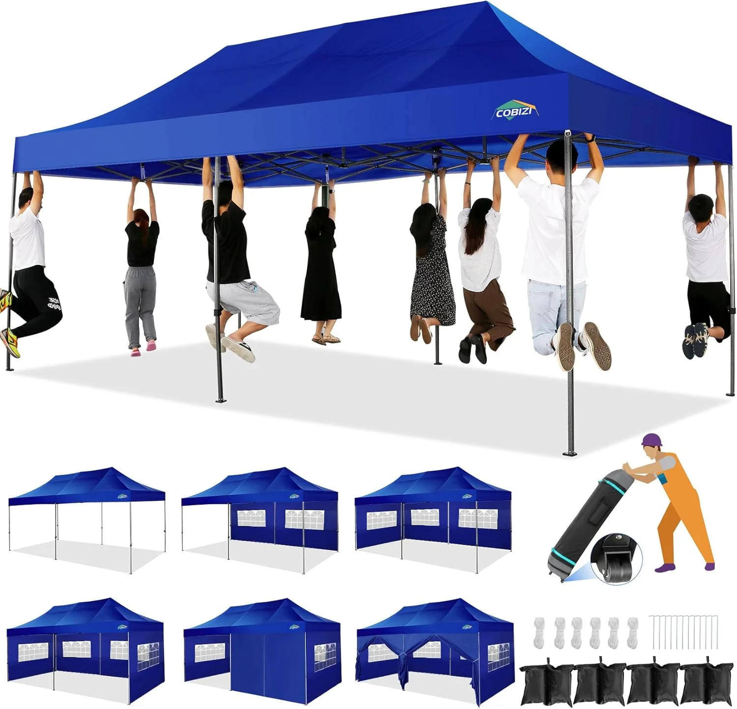 COBIZI 10x20 Heavy Duty Pop up Canopy Tent with 6 sidewalls Easy Up Commercial Outdoor Canopy Wedding Party Tents for Parties All Season Wind & Waterproof Gazebo with Roller Bag,Black(Frame Thickened)