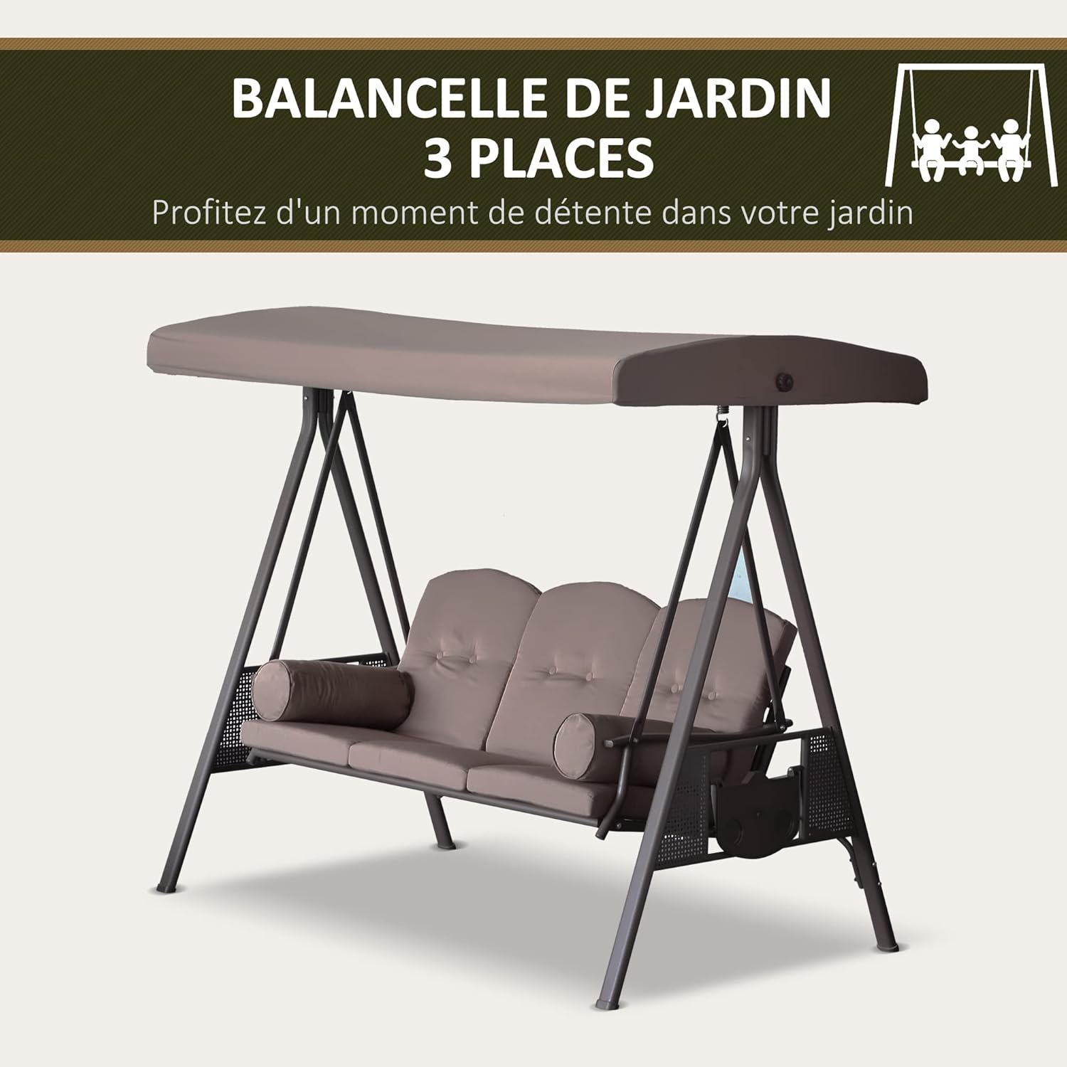 Outsunny 3-Sitzer Gartenschaukel Hoher Komfort Verstellbare Neigung Dach Kissen Versenkbare Tabletts Polyester Garn Beige