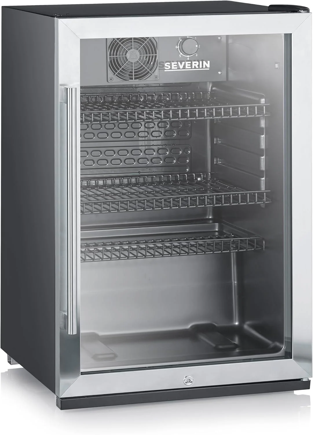 SEVERIN Flaschenkühlschrank, mit integriertem Schloss und integrierter LED-Beleuchtung, 118 L Nutzinhalt, schwarz/silber, FSK 8840