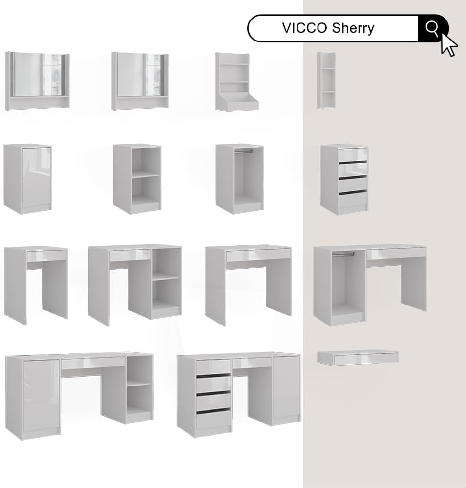 Vicco Schminktisch Sherry, Weiß/Weiß Hochglanz, 158.2 cm 5 Teile, mit LED-Beleuchtung und gepolsterter Sitzbank